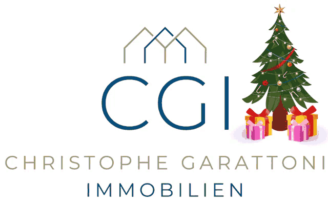 a logo for christophe garattoni immobilier with a christmas tree and gifts