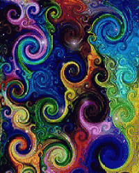 a colorful painting with swirls and stars on a dark background