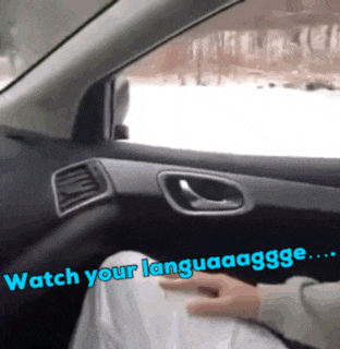a person sitting in a car with the words " watch your language " on the bottom