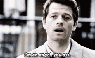 a man in a suit and tie says i 'm an angel you ass .