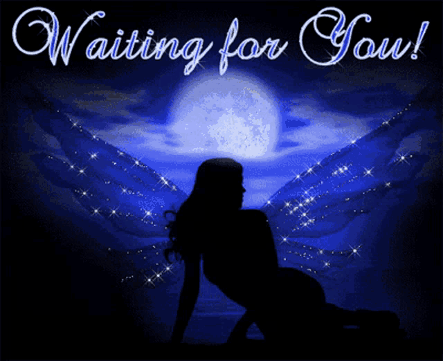 a fairy with wings is sitting in front of a full moon and the words waiting for you
