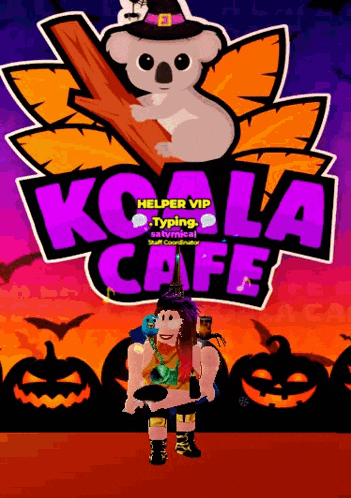 a koala cafe advertisement with a girl in a witch costume