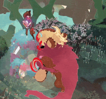 a painting of a person standing next to a giant pink monster