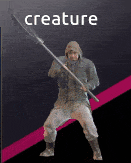 a man in a hooded jacket is holding a large spear and the word creature is above him