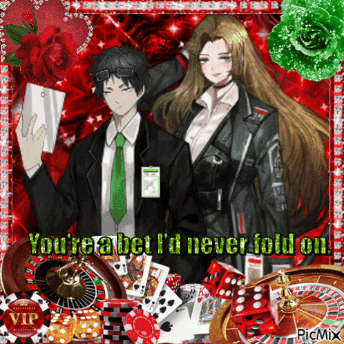 a man and a woman are standing next to a roulette wheel and playing cards