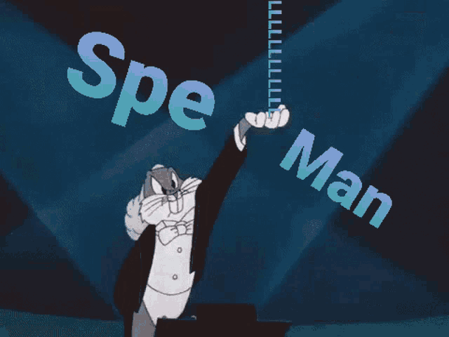 bugs bunny in a tuxedo is holding up a baton with the words spe man behind him