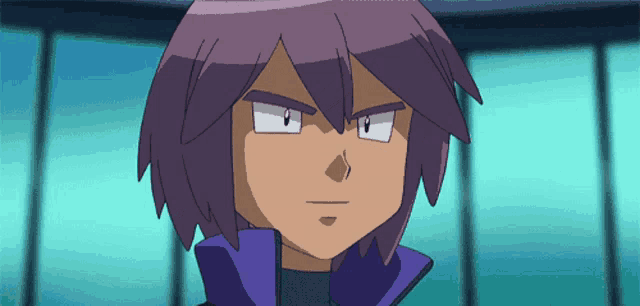 a close up of a cartoon character with purple hair and a purple collar