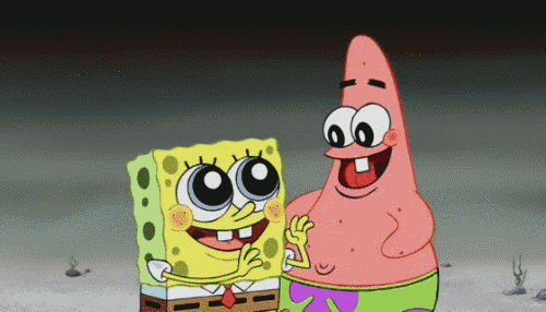 spongebob and patrick are standing next to each other on the beach