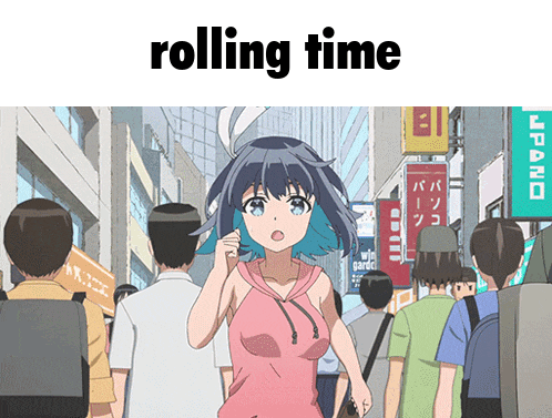 a cartoon of a girl walking down a street with the words " rolling time " below her