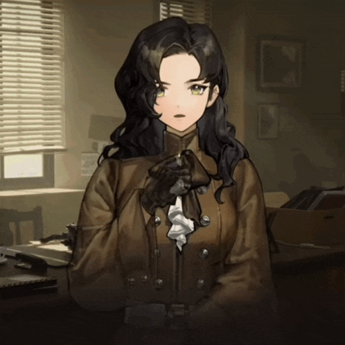 a woman in a brown jacket and black gloves stands in front of a window