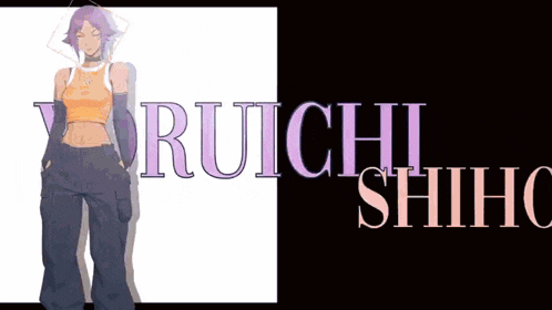 a woman with purple hair is standing in front of the word ruichi