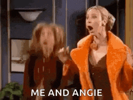 two women are standing next to each other with their mouths open and the words `` me and angie '' written on the screen .