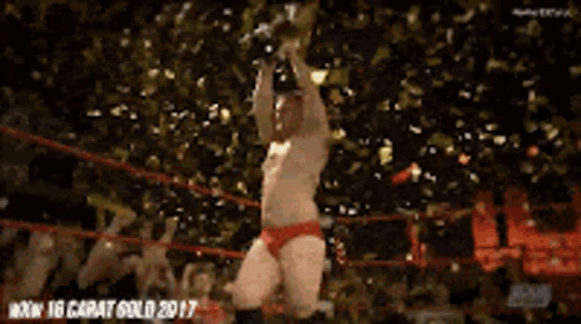 a man in a wrestling ring with the words now 18 carat gold 2017 in the background