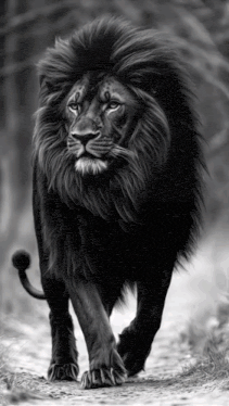 a black and white photo of a lion walking down a dirt road