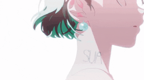 a close up of a girl 's face with green hair and white hair .