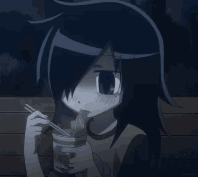 a cartoon girl is holding chopsticks and a cup of soup