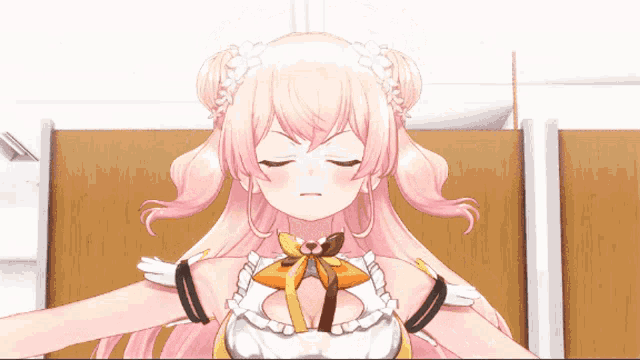 a girl with long pink hair and a bow on her chest
