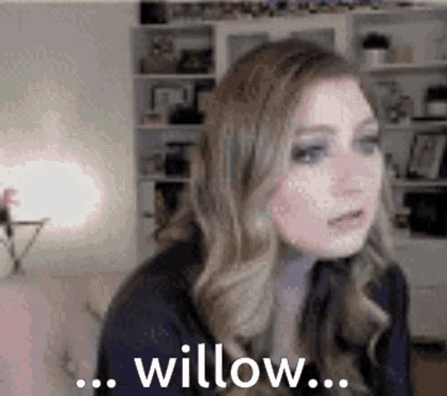 a woman says willow in front of a bookshelf in a living room .
