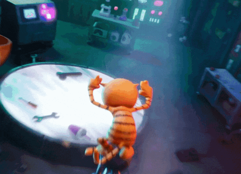 a cartoon character is standing in a dark room with a light shining on it