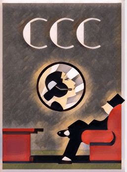 a man is sitting in a red chair smoking a cigar and looking at a woman in a mirror .