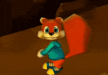 a cartoon squirrel wearing a blue hoodie and blue shoes is standing on the ground .