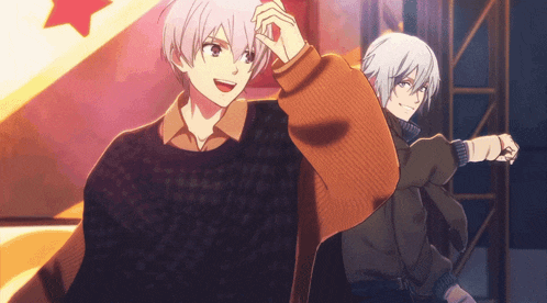 two anime characters are standing next to each other and one has a red star in the background