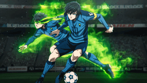 two soccer players in blue jerseys with the number 10 on them