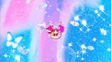 a cartoon of a girl flying through the air with bubbles and butterflies