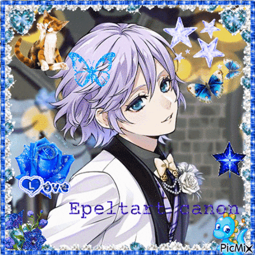 a picture of a boy in a tuxedo is surrounded by blue butterflies and stars