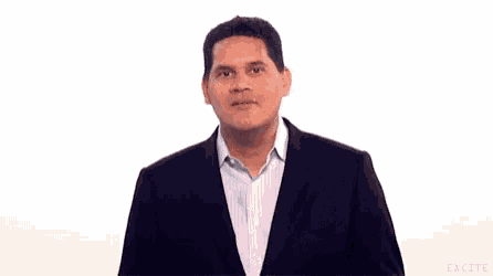 a man in a suit with excite written on the bottom of the image