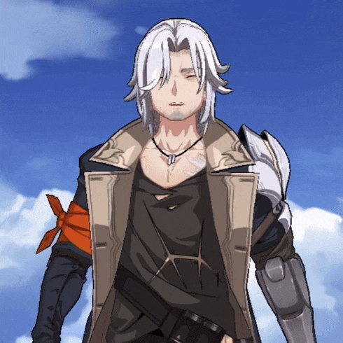 a man with white hair is wearing a necklace and a bandana on his arm