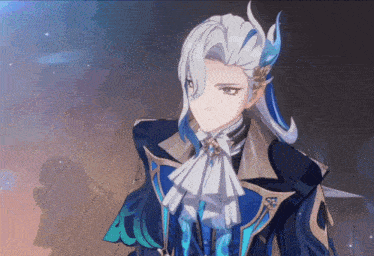 a cartoon character with white hair and blue wings