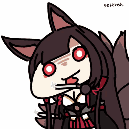 a cartoon drawing of a girl with red eyes and the word seseren below her