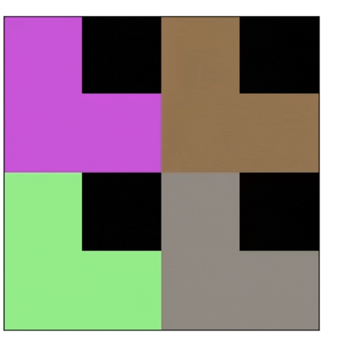 a square with purple , green , brown , and black squares in it .