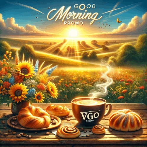 a cup of vgo coffee sits on a wooden table with croissants and cinnamon rolls