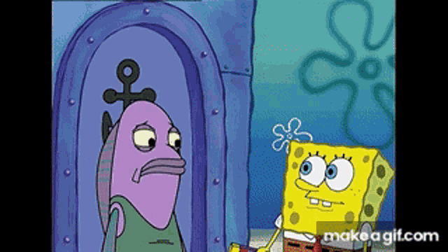 a cartoon of spongebob and a fish standing next to each other .