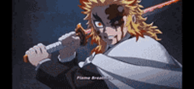 a man with long hair is holding a sword with a red blade .