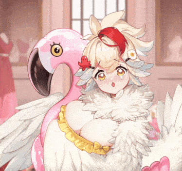 a pink flamingo is being held by a girl with feathers