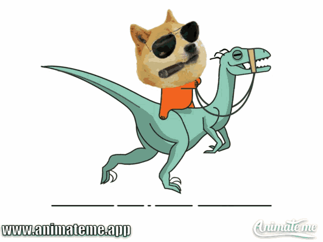 a doge riding on the back of a dinosaur with the website www.animateme.app written below