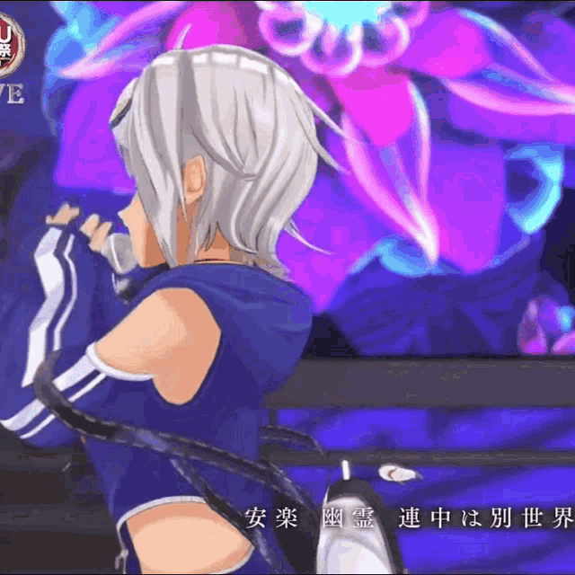 a girl in a blue hoodie is singing in front of a purple background