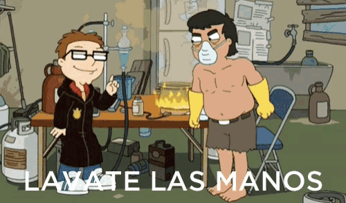 a cartoon shows a man wearing a mask and gloves and the words lavate las manos