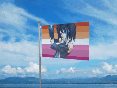 a flag with a picture of a girl on it against a blue sky