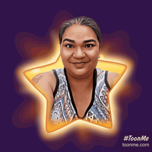 a cartoon drawing of a woman in a star shaped frame with the website toonme.com at the bottom