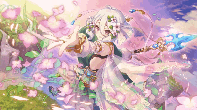 a pixel art of a girl with white hair and flowers on her head
