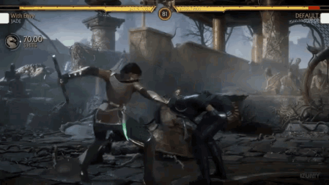 a video game screen shows a fight between a man and a woman with a default score of 81