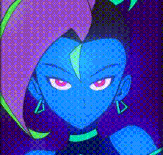 a close up of a cartoon character 's face with glow in the dark hair and earrings .