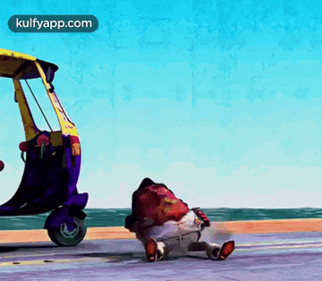a cartoon of a man laying on the ground next to a rickshaw .