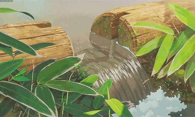 a waterfall is surrounded by green leaves and a wooden log