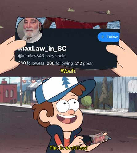 a cartoon character is holding up a card with the name maxlaw_in_sc on it