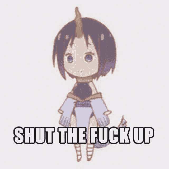 a cartoon character with purple hair and the words shut the fuck up